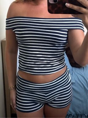 Wild Fable Striped Off The Shoulder Top & Shorts Set